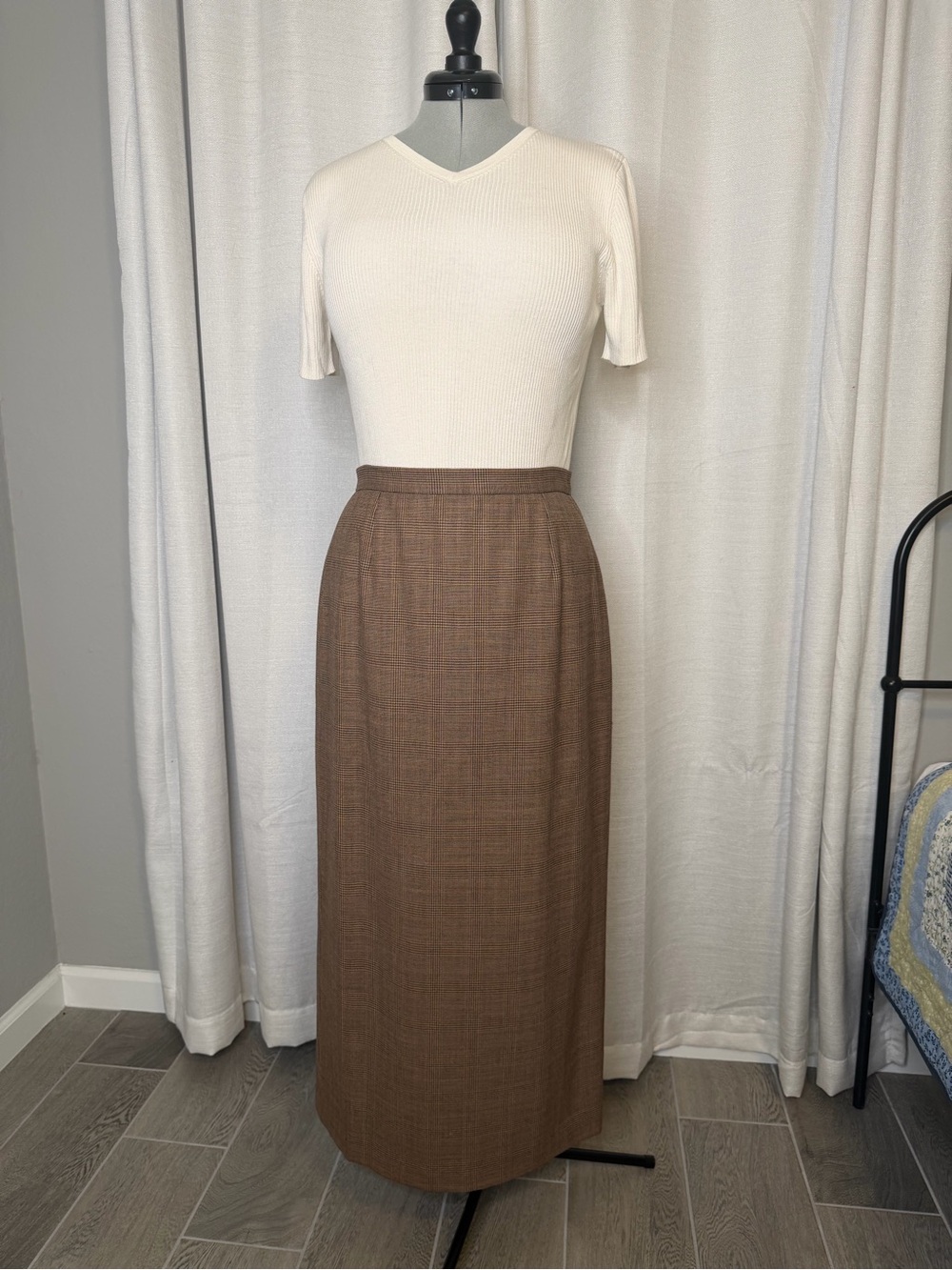 Vintage Rafaela Brown Glen Check Plaid Straight Pencil Maxi Skirt 90s Officewear